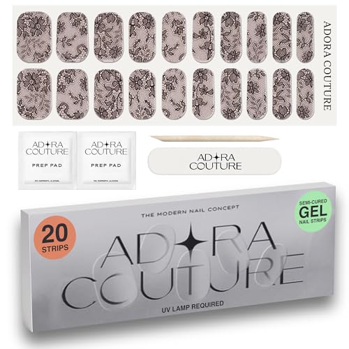Adora Couture Semi Cured Gel Nail Strips with 20 Pieces - UV Gel Stickers Manicure Kit Easy Application Wraps Includes Prep Pads Nail File Wooden Stick - UV Light Required (Midnight Lace)