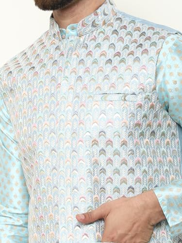 Image of SOJANYA (Since 1958 Men's Silk Blend Printed Kurta and Cream Pyjama with Designer Nehru Jacket