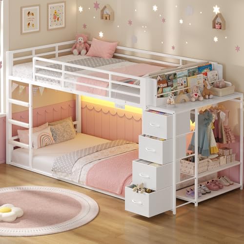 ADORNEVE Low Bunk Bed Twin Over Twin with Bookshelf, 4 Storage Drawers, Metal Kids Bunk Bed with Power Outlet & RGB Lights, Clothing Rack & Shelves,...