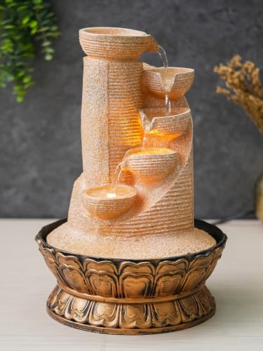 Image of CHRONIKLE Polyresin Sand Designer Table Top Indoor 5 Artistic Steps Waterfall Fountain with Yellow LED Lights & Water Flow Controller Pump (Size: 41 x 25 x 25 CM | Weight: 1980 gram | Color: Sand)