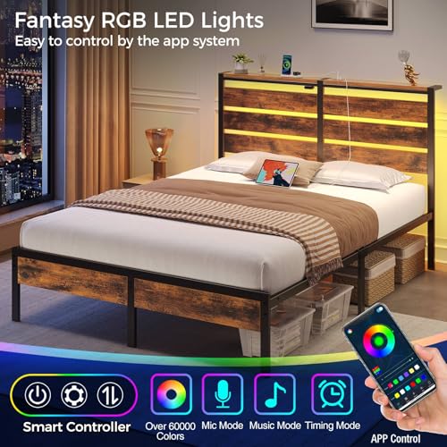 Image of Rolanstar Bed Frame Full Size with USB Charging Station, LED Bed Frame with Wood Storage Headboard, Rustic Brown Metal Platform Bed with Under Bed Storage, No Box Spring Needed, Noise Free