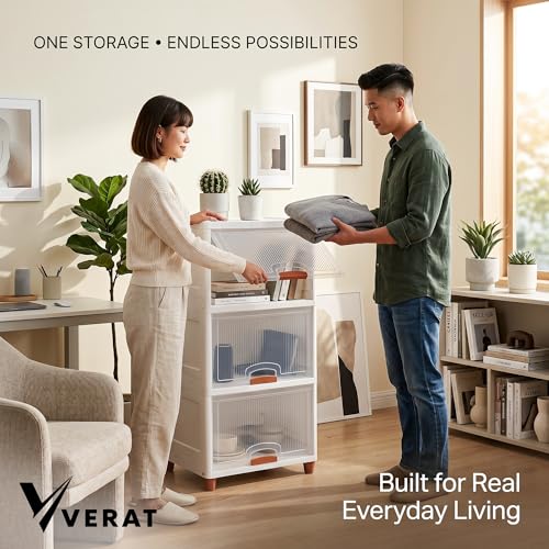 Image of VERAT 3 Tier Cupboard for Storage /Stackable Plastic Storage Cabinet /Foldable Wardrobe for Clothes /Multipurpose Storage Organizer /Closet for Bedroom /Living Room /Kitchen (Transparent & White)