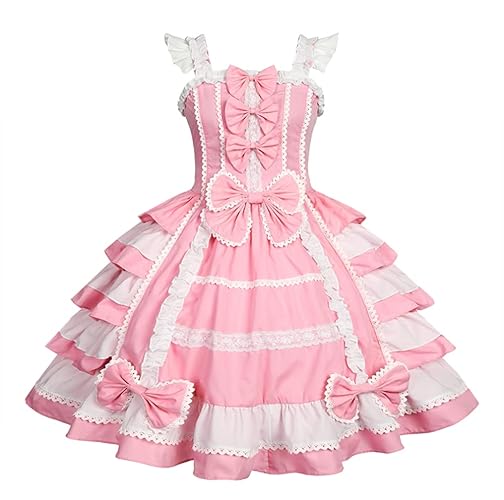 Re-Lady Women Sweet Lolita Dress Victorian Sleeveless Princess Halloween Cosplay Costumes Lace Layers Maid Dresses - XX-Large - Pink