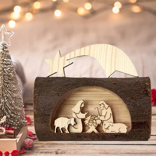 Kerstset van hout, Heilige Familie, moderne kribbe van hout met hut in moderne stijl, gemaakt in het Gardena-dal, kleurrijke versie (hoogte van Jozef 8,5 cm