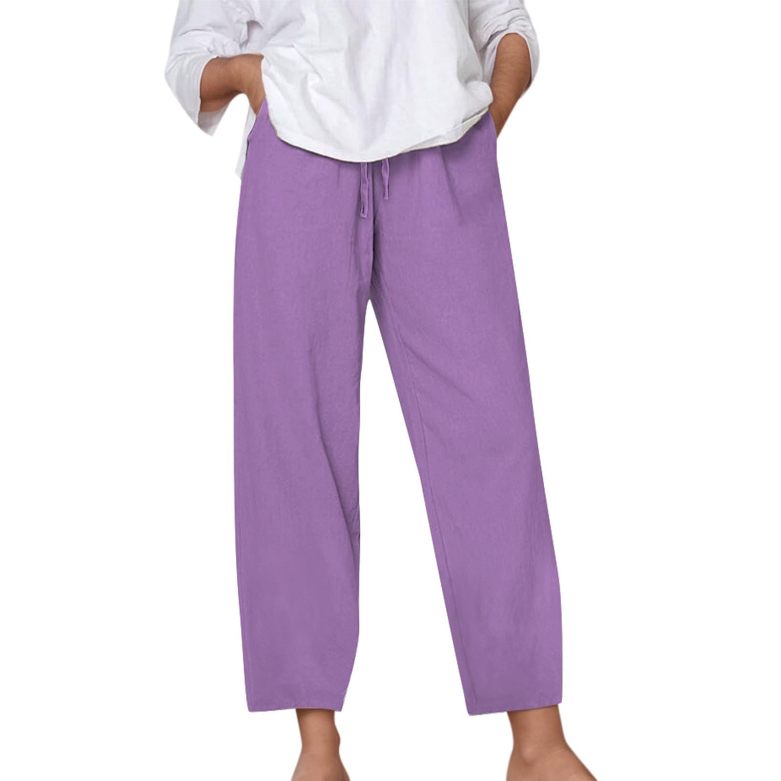 Womens Drawstring Elastic High Waist Trousers Lightweight High Waisted Pants Solid Casual Loose Wide Leg Pants