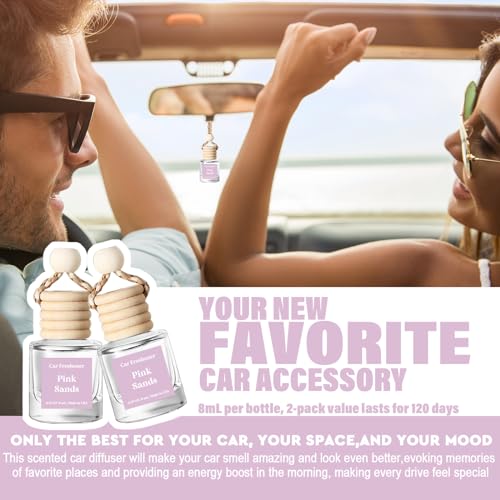 Image of C Classy Hanging Car Air Freshener 2 Pack, Pink Sands Essential Oil Diffuser, Long-Lasting Fragrance, Cute Glass Bottle Car Accessories for Women & Men, Made in USA