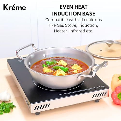 Image of Kreme Platina Triply Stainless Steel Cookware Set 3 Pc - Superior Finish, Cool Grip Handle, Induction Compatible | 100% Non-Toxic, Nickel-Free | Frypan 1.45 L + Kadai 2.2 L with Lids