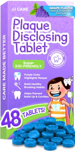 JJ Care Disclosing Tablets for Kids - 48 Count Individually Wrapped Plaque Disclosing Tablets for Kids Brushing Teeth Grape Flavored Plaque Remover Dental Care for Teeth Brushing