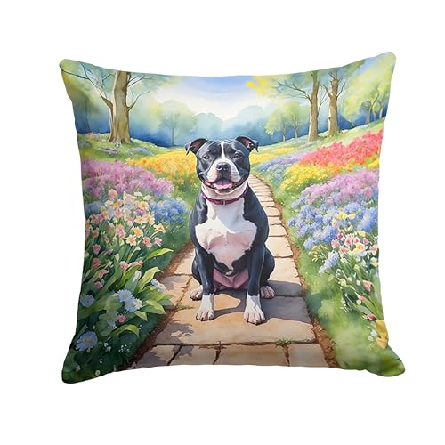 Caroline's Treasures Staffordshire Bull Terrier Spring Path Throw Pillow Machine Washable, Indoor Outdoor Decorative Pillow for Couch, Bed or Patio, 14Hx14W
