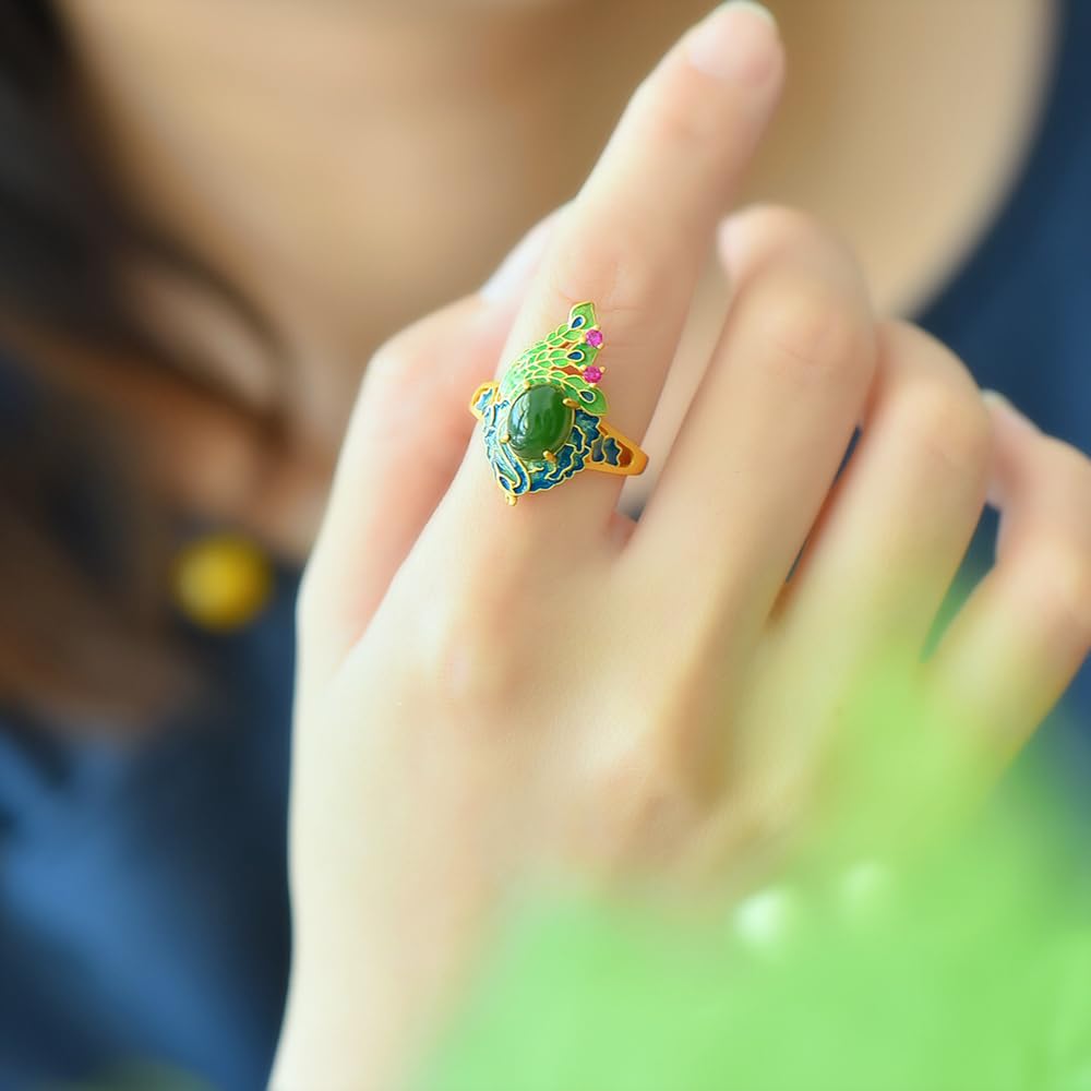HMJGDHX S925 Silber vergoldet mit natürlichem Hotan-Jaspis-Emaille-Pfau-Ring (verstellbare Öffnung) für Damen, echt