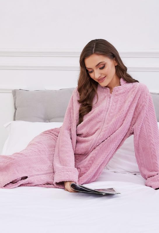 Image of LYCY Women Plush Zipper Robe, Long Fleece House Coat Nightgown with Pockets Solid Bathrobe