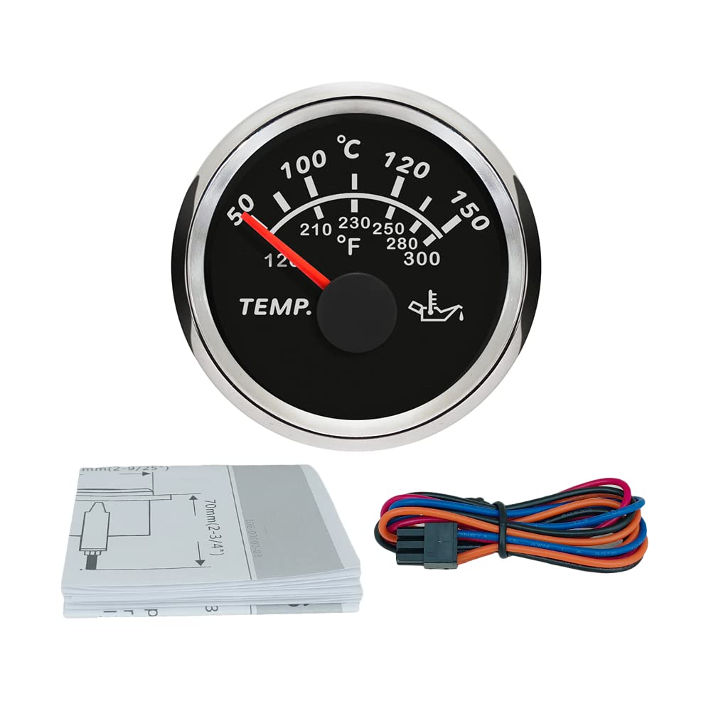 ELING Jauge de température d'huile 52 mm 50-150 ℃ universel avec rétroéclairage 9-32 V pour voitures, motos, bateaux, bateaux, bateaux, yachts (noir + acier inoxydable, style pointeur)