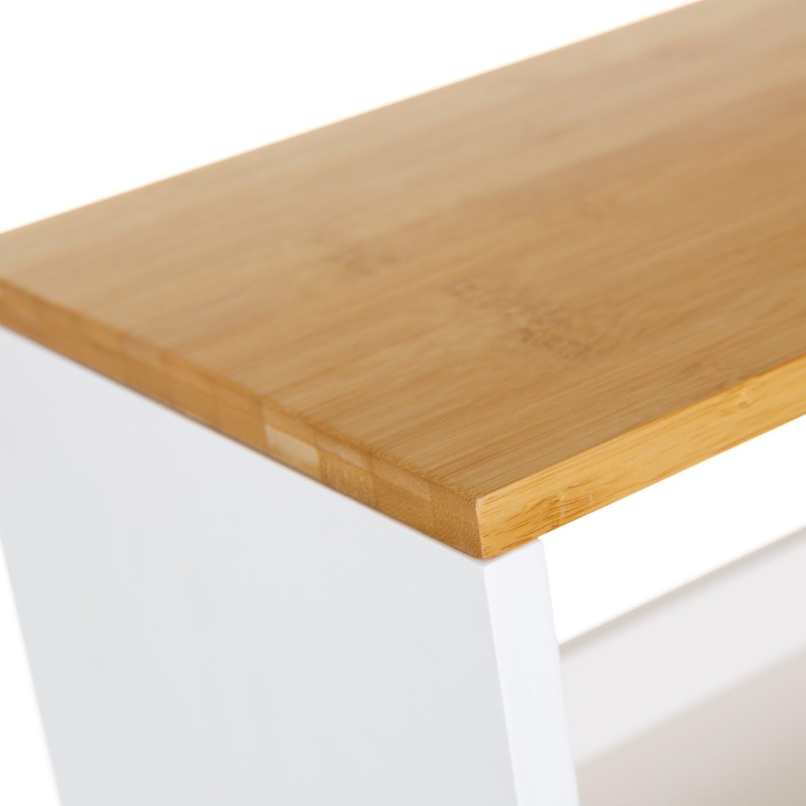LOLAhome - Estantería móvil con Ruedas de Madera y bambú, Blanco y Natural de 48x24x77 cm. Práctico diseño con 3 estantes. Ideal como Organizador Auxiliar para tu Cocina, baño o salón.