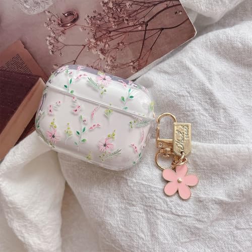 Image of MINSCOSE Compatible with AirPods Pro 2nd /1st Case Clear Case, Cute Cartoon Flower Pattern Design with Aesthetic Floral Keychain Soft TPU Protective Shockproof Cover for AirPods Pro /Pro 2-Pink
