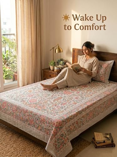 Image of Mafatlal 144 TC Heritage 100% Cotton Traditional Jaipuri Print Single Size Bedsheet (90x60 Inches) with Matching Pillow Cover - Flat, Multicolor