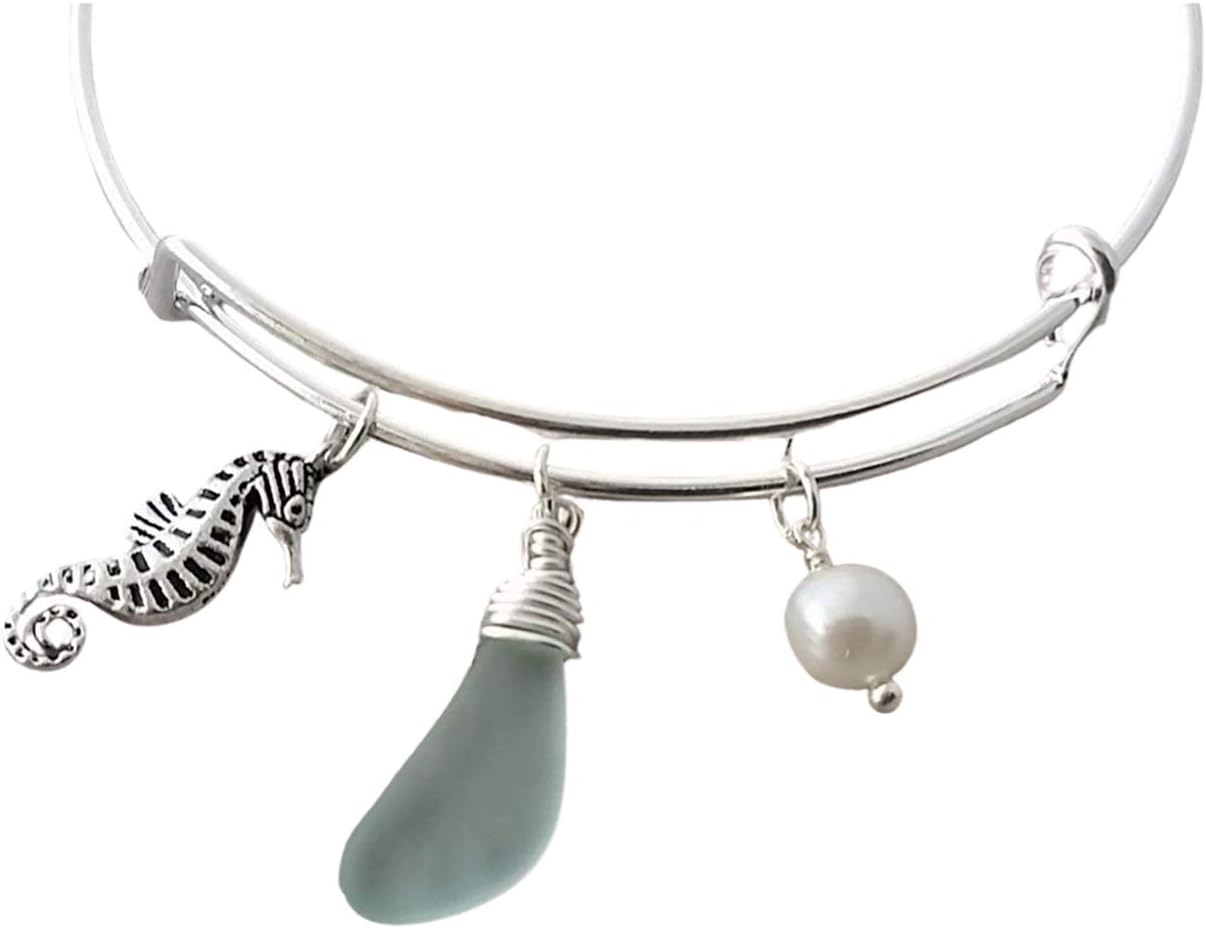 Handmadewire wrapped seafoam sea glass bracelet, seahorse charm, Natural pearl, (Hawaii Gift Wrapped, Customizable Gift Message)