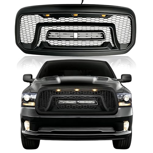 Front Bumper Upper Grille Compatible with 2013-2018 Dodge Ram 1500 2019-2023 Ram 1500 Classic Matte Black ABS Replacement Radiator Grill w/Off-Road Lights