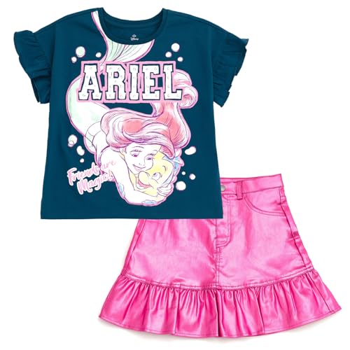 Disney Princess Girls T-Shirt and Metallic Skirt Outfit Set Toddler to Big Kid Sizes (2T - 14-16)