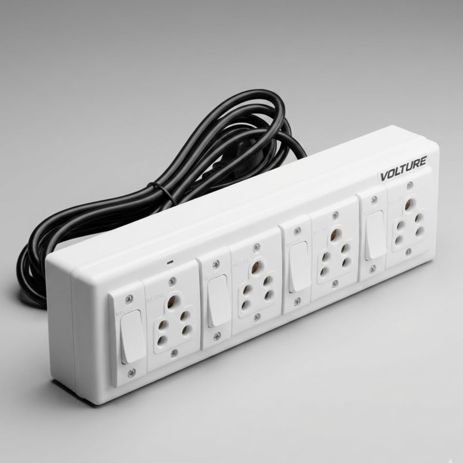 Image of VOLTURE Heavy Duty 4 Socket Extension Board with 4 Individual Switches | Spike Guard | 5 Meter Heavy Cable | High Load Multipurpose Junction Box for Home & Office Appliances