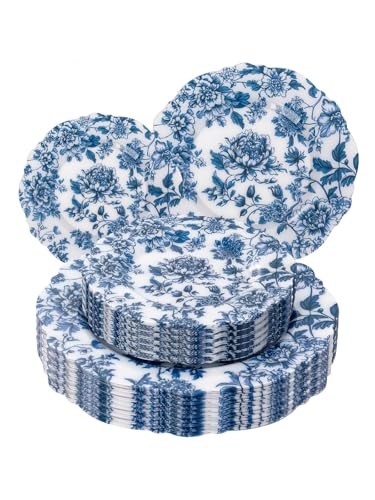 WDF 20PCS Blue Plastic Plates - Baroque White and Blue Plates - Chinoiserie Floral Party Decorations for Birthday/Tea Party/Spring