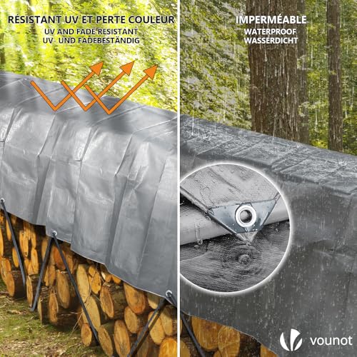 VOUNOT 4x8m Tarpaulin Heavy Duty 180 g/m² Waterproof TarpLarge Ground Camping Sheet with Eyelets, Fixing Ropes for Outdoor Furniture Caravan Car Cover, Grey - Image 3