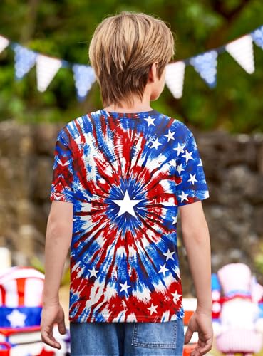 Image of BesserBay Unisex Kids 4th of July American Flag Tee Tie Dye Patriotic Short Sleeve Shirt 6-14 Years
