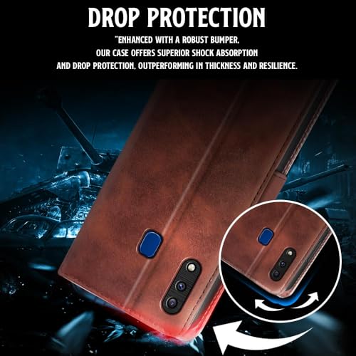 Image of WOW IMAGINE Shock Proof Flip Cover Back Case for Samsung Galaxy A20 | A30 | M10s (Magnetic Button Flip Case | Wallet Pockets & Stand | Leather Finish | Coffee)