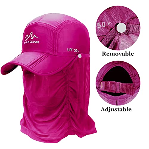 Fishing Cap Sun Hat Face Cover For Men Women Summer Quick Dry Fishing Hat Removable Neck Flap For Outdoor Sports Rose Red #TOP2