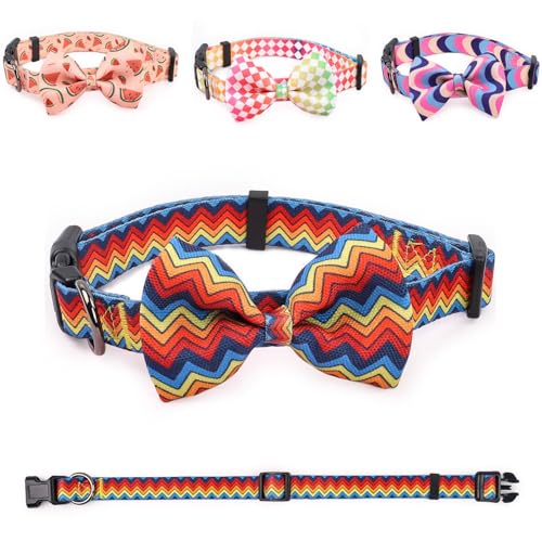 COSYHOMELONDON patterned Dog Collar with Bowtie, Durable Adjustable and Comfortable Collar for Small Dogs Puppies and Cats (M, Zigzag)