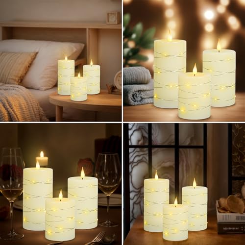 Image of 3Pcs LED Flameless Pillar Candles for Home Wedding Decor | 3D flickering flame, built‑in remote timer. 4 inch /5 inch /6 inch hemp rope LED candles, battery‑powered for indoor decor.