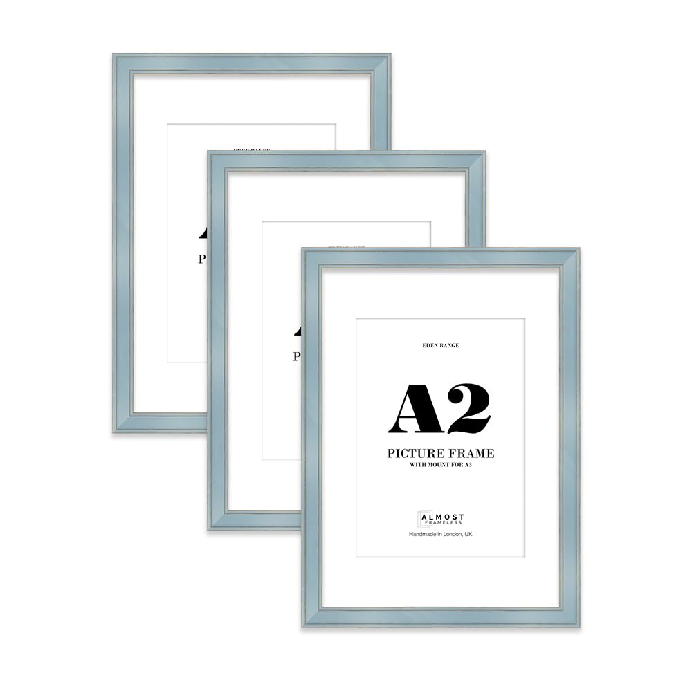 A2 Cornflower Blue Picture Frame with A3 Mount - Shabby Chic Photo Frame with Distressed Finish, Gold Trim, Wall Hooks, 37mm Edge - 3 Pack