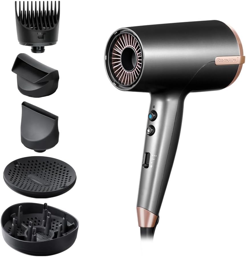 Remington Ionische Föhn [120 km/h Blaaskracht, Snel Drogen] ONE Dry & Style (5 Opzetstukken: Anti-Pluis, 2 Diffusers, Extra Brede Slanke Blaasmond & Kam, 8 warmtestanden en snelheden) D6078