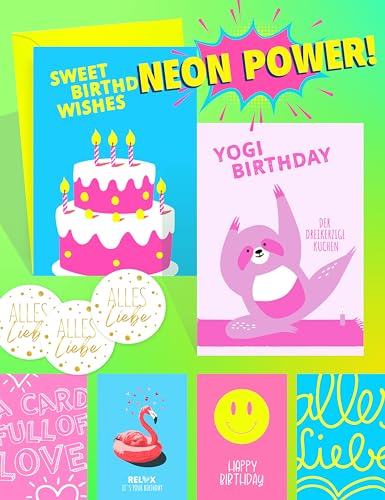 LOViLEE 10x Neon Geburtstagskarten Set mit Umschlag & Stickern, Glückwunschkarten Geburtstag, Happy Birthday Karte - Postkarten - Geburtstagskarte Frau, Geburtstagskarte Mann, Geburtstagskart Kinder LOViLEE 10x Neon Geburtstagskarten Set mit Umschlag & Stickern, Glückwunschkarten Geburtstag, Happy Birthday Karte - Postkarten - Geburtstagskarte Frau, Geburtstagskarte Mann, Geburtstagskart Kinder