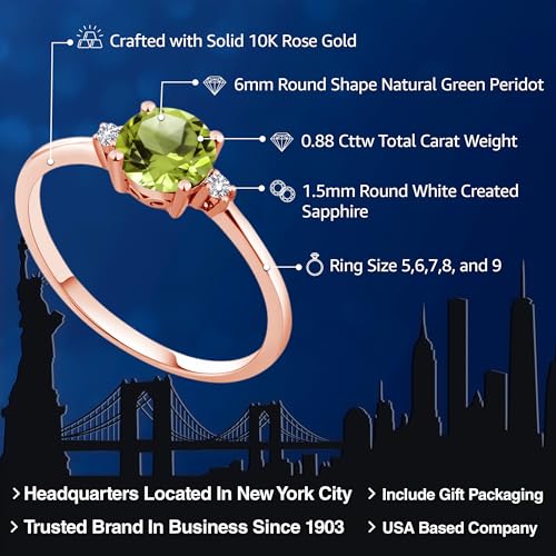 Gem Stone King 10K Rose Gold Green Peridot and White Created Sapphire Solitaire Engagement Ring For Women (0.88 Cttw, Round 6MM, Gemstone August Birthstone, Available in Size 5,6,7,8,9)2