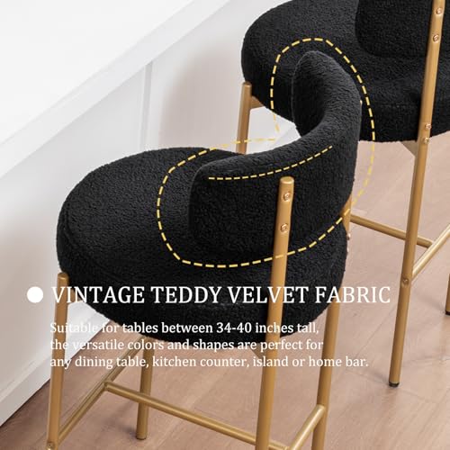 Image of Cinxzar Boucle Bar Stools Set of 4, Black Counter Height Bar Stools with Backs, Gold Modern Barstools for Kitchen Island, Pub, Club