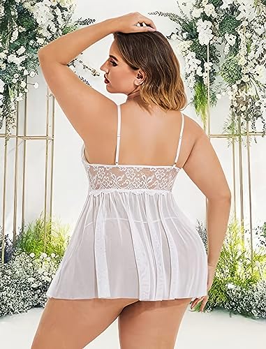 Image of Plus Size Lingerie Lace Babydoll Womens Strap Chemise Nightgown V Neck Nighty Mesh Sleepwear Side Slit Nightdress with G-Sting Panty