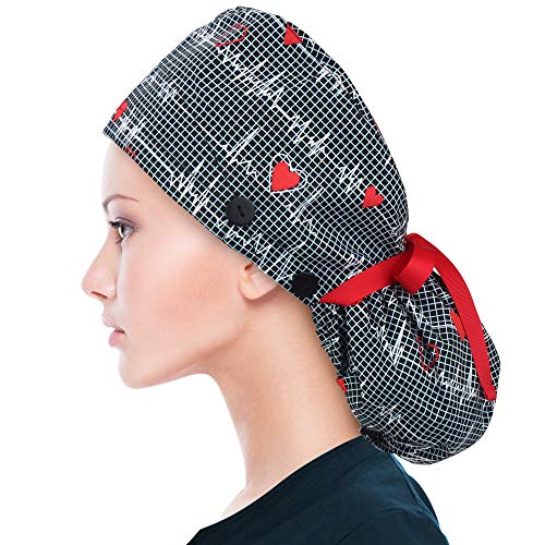 ABAMERICA Scrub Caps for Women Surgical Caps Nurse Hat Functional Ponytail Holder for Long Hair Single or Satin-Lined D09- Single Black Ekg