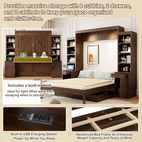 Image of Merax Queen Size Murphy Bed with Desk and LED Lights, Power Outlet, Foldable Murphy Cabinet Bed with Open Storage Shelves & Drawers, Wood Space-Saving Hidden Wall Bed for Guest Room, Dark-Brown