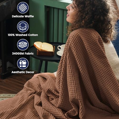 Image of PHF Pre-Washed Cotton Waffle Weave Blanket Throw Size for Couch Bed,Snag Proof Spring Summer Lightweight Breathable,Oeko-TEX Certified,Machine Washable, Home Decor Gift,Cappuccino | Pre-washed Soft Cozy Summer Throw for Hot Sleepers, Textured Decorative Layer for Bed Couch Sofa Guest Room, Giftable