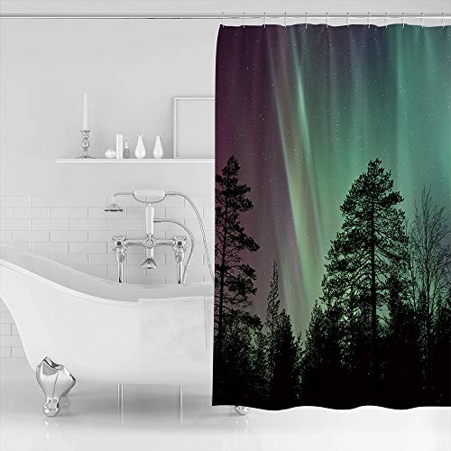 48x72 inches Bathroom Shower Curtain, Aurora Lanscape Fabric Shower Curtain with Hooks, Decorative Bathroom Accessories, Waterproof Machine Washable Bath Curtain