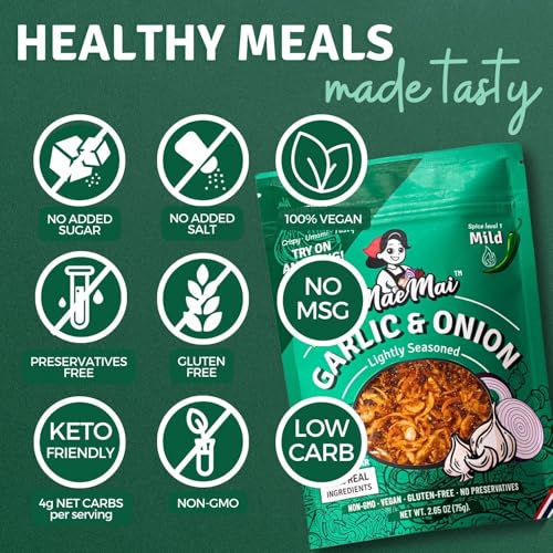 MaeMai Crispy Onion Garlic Flakes (MILD) – Light Heat Crunchy Fried Onion & Garlic, Ramen Rice & Salad Topping, Gluten Free, Vegan, 3.17 oz (90g) – Bag — view 5
