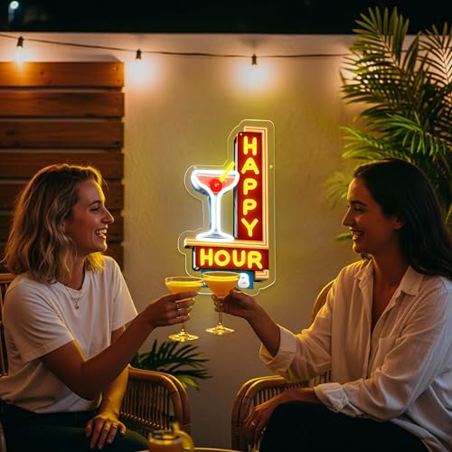 Image of Happy Hour Neon Signs Dimmable Retro Led Happy Hour Club Neon Light for Bar Club Pub Party USB Powered Neon Light Sign Man Cave Gifts(Yellow)