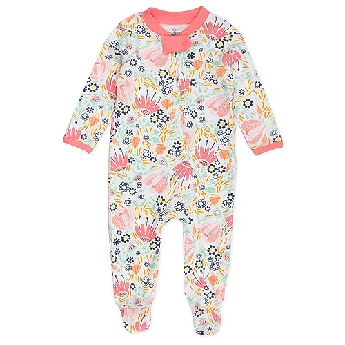 HonestBaby Sleep and Play Footed Pajamas One-Piece Sleeper Jumpsuit Zip-front PJs 100% Organic Cotton for Baby Girls, Flower Power, 3-6 Months