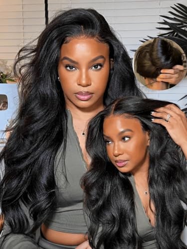 UNICE Kinky Straight Human Hair Wig Real Scalp 13x4 HD Lace Front Glueless Wigs with Drawstring Pre Plucked Pre Cut Natural Black Wig for Women 24 inch