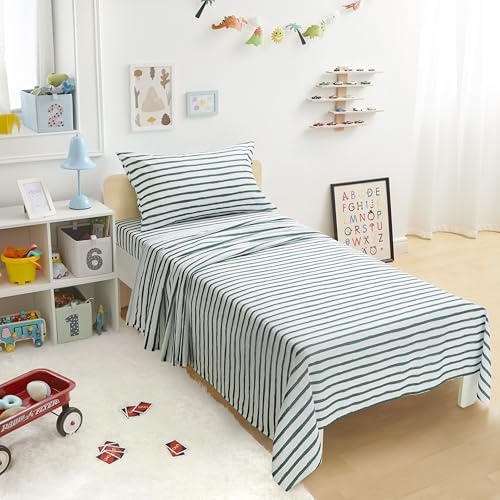 Amazon Basics Kids Soft Easy-Wash Lightweight Microfiber 3-Piece Sheet Set with 1 Standard Pillowcase 1 Flat Sheet 1 Fitted Sheet Twin Green Stripes