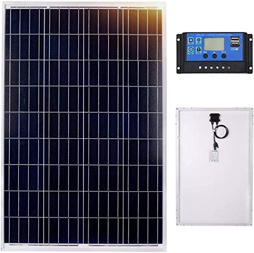 DOKIO Polikrystaliczny moduł solarny 100 W, 18 V z regulatorem ładowania solarnego PWM (2 x port USB) do baterii 12 V, do ogrodu, na balkon, dach garażowy, kampera