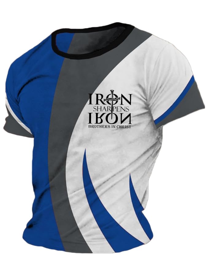 Men's Vintage Faith Iron Sharpens Iron Brothers in Christ Print Crew Neck T-Shirt