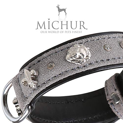 MICHUR Leon Collar para Perros Cuero, Collar para Perros, Collar para Perros, Gris-Negro, Cuero, con Lirios, pedrería y aplicación de Cabeza de león, Disponible en Diferentes tamaños