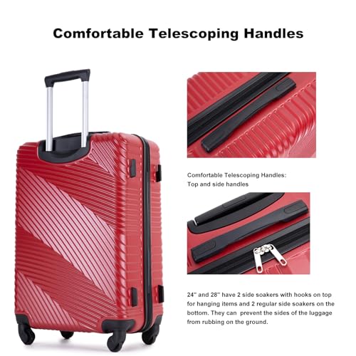 3 Piece Luggage Sets PC+ABS Lightweight Suitcase with Two Hooks, Spinner Wheels, (20/24/28) Red3