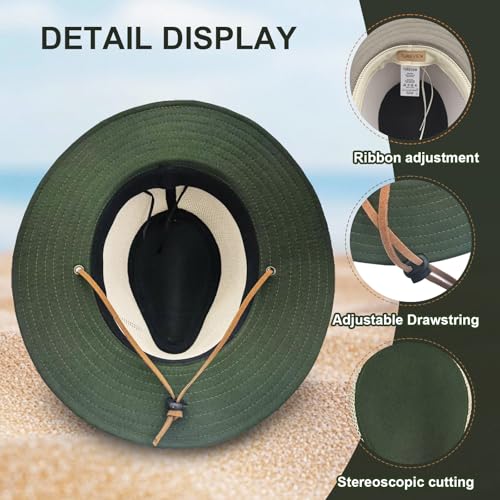 Image of Men's Flat Wide Brim Mesh Safari Outdoor Hat Panama Hat Travel Fishing Hiking with Windproof